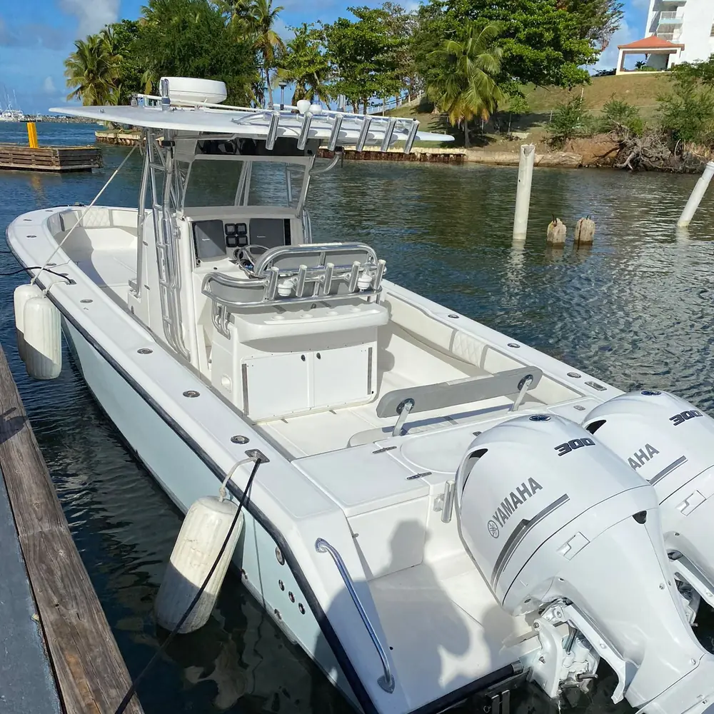 Open center console boat at the dock in Fajardo, Puerto Rico - the most affordable private charter option